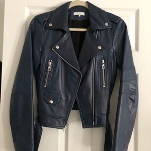 PARKER Beltfast Navy Leather Moto Jacket